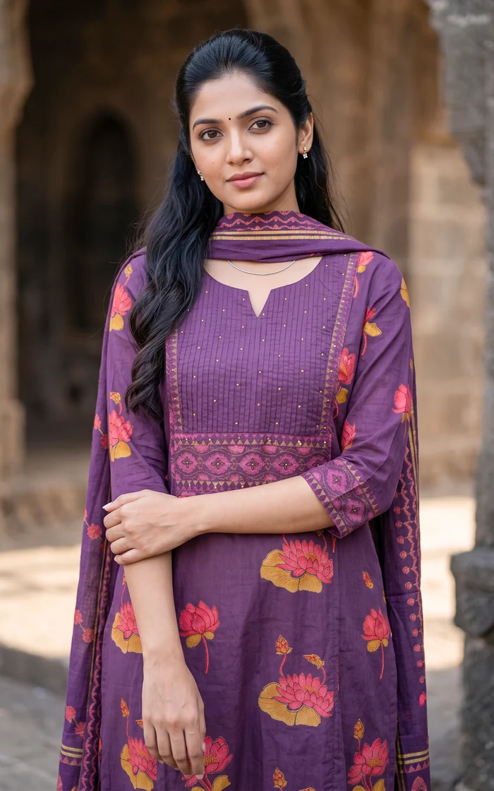 Purple Printed Cotton Semi-A-Line Kurti Set