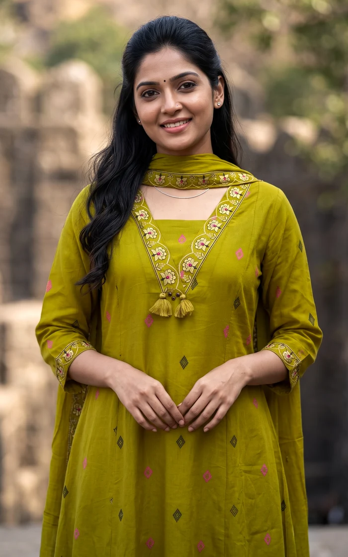 Amaranthi Mehandi Green Embroidered A-Line Kurti Set