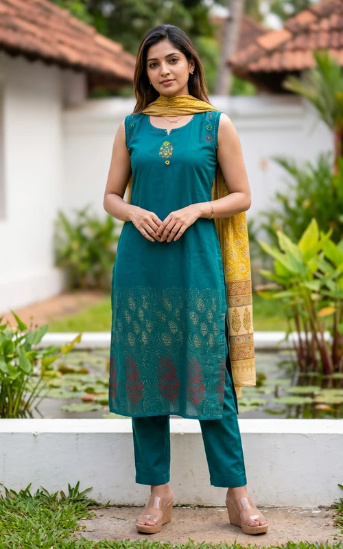 Teal Green Cotton Handblock Semi Aline Kurti Set with Straight Fit Pant & Dupatta