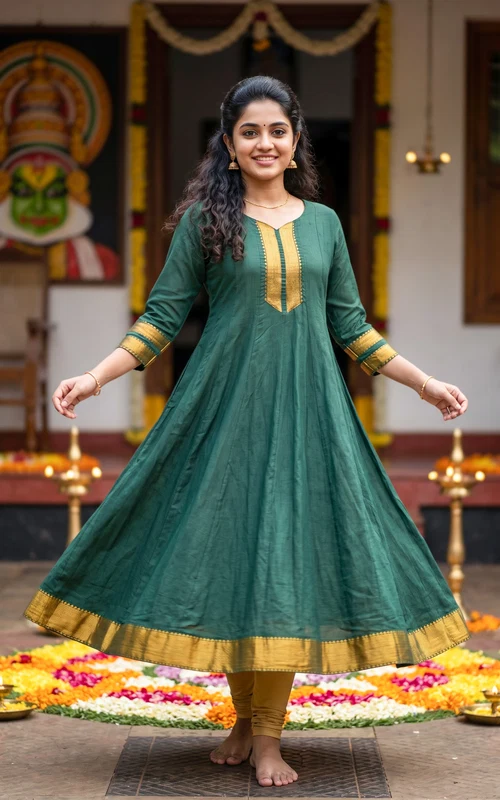Green Blended South Cotton Full Flared Anarkali Kurti