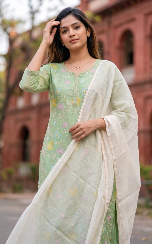 Pista Green Chanderi Kurti Set with Thread & Bead Embroidery