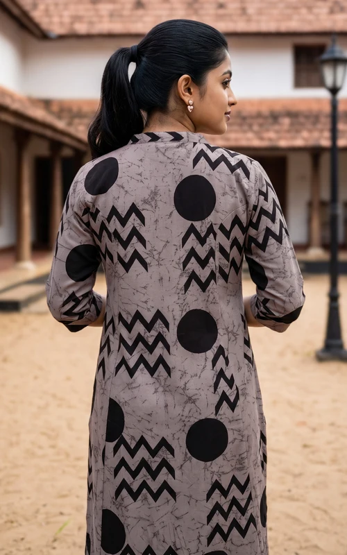 Beige Cotton Handblock Kurti Set with Mirror Embroidery
