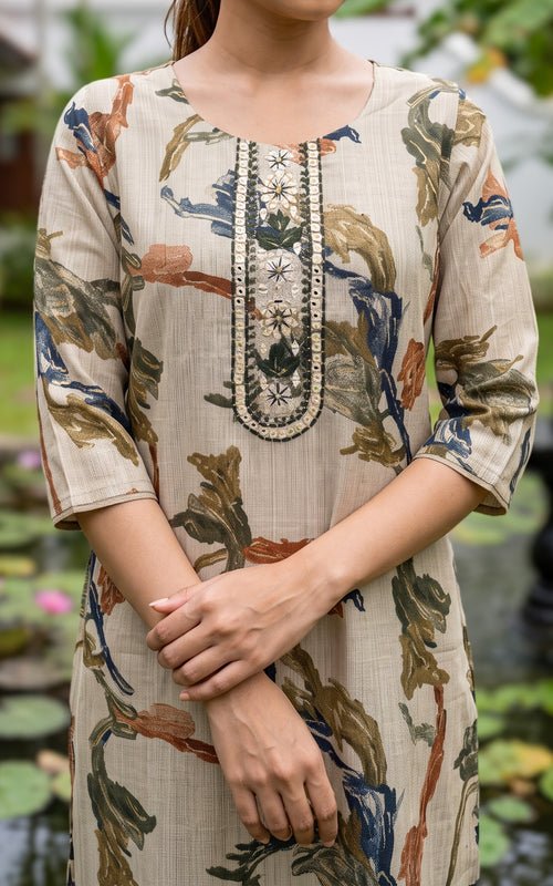 Cement Art Silk Straight Cut Kurti Set with Mirror & Thread Embroidery