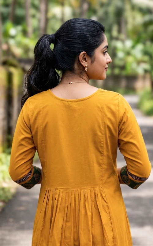Mustard Thread & Mirror Embroidered A-Line Kurti Set