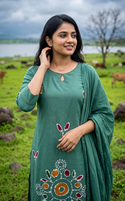 Sage Green Cotton Straight Cut Kurti Set