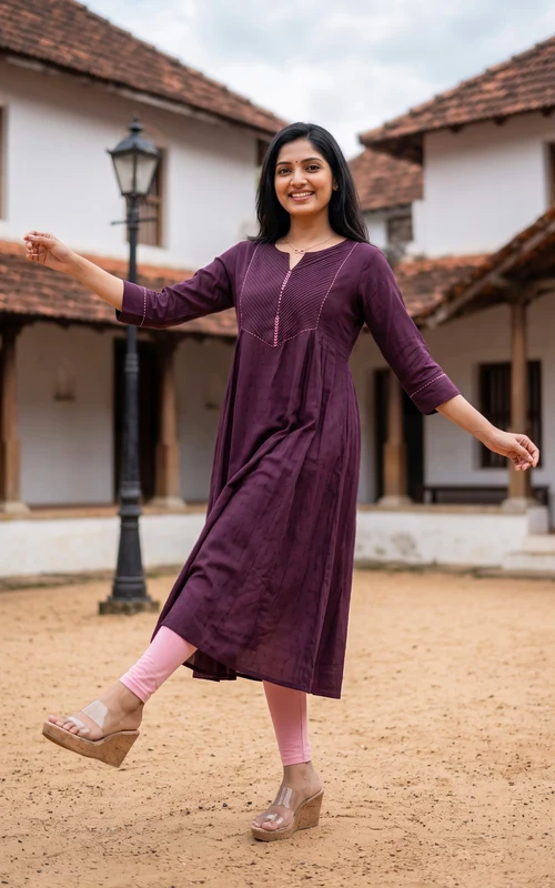 Plum Art Silk Anarkali Kurti with Pintuck Detailing