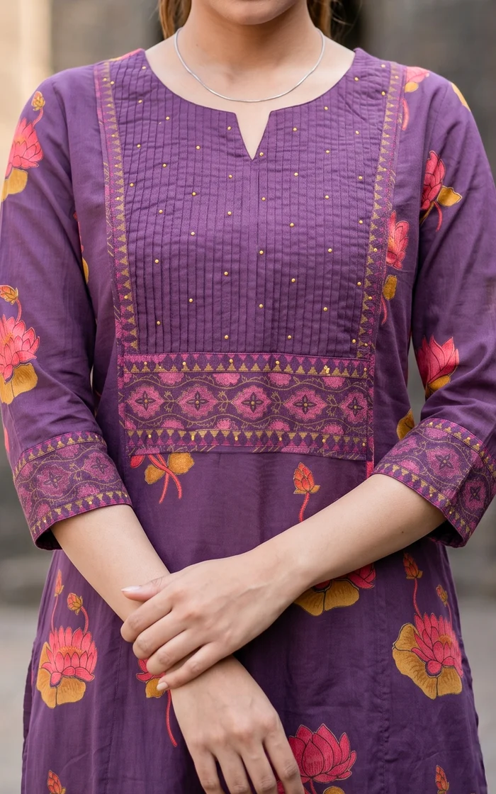 Purple Printed Cotton Semi-A-Line Kurti Set