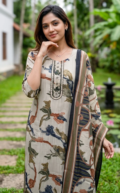 Cement Art Silk Straight Cut Kurti Set with Mirror & Thread Embroidery