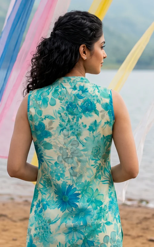 Aqua Blue A-Line Kurti with Mandarin Collar & Palazzo Set