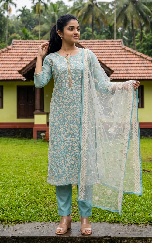 Blue Chanderi Straight Cut Kurti Set with Thread Embroidery