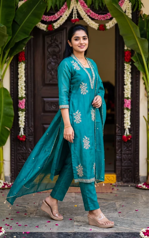 Blue Teal Chanderi Zari Embroidered Straight-Cut Kurti Set