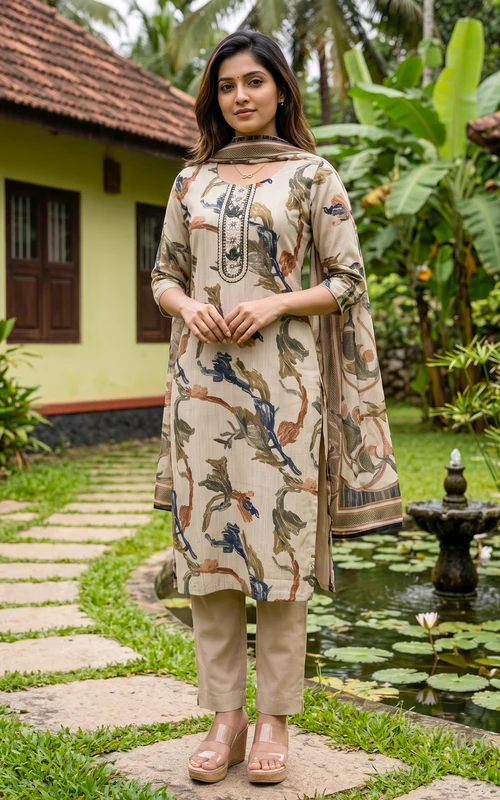 Cement Art Silk Straight Cut Kurti Set with Mirror & Thread Embroidery
