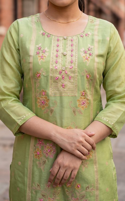 Pista Green Art Silk Straight Cut Kurti Set with Mirror, Stone & Golden Zari Embroidery