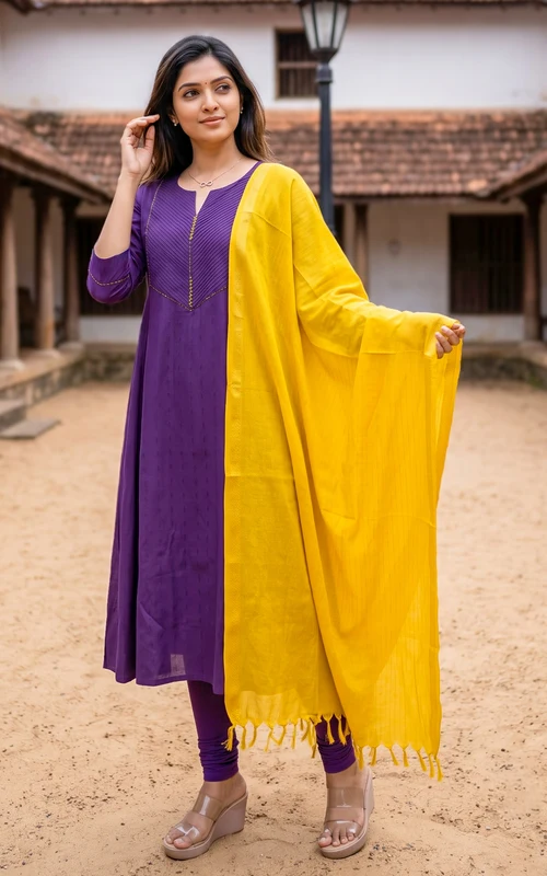 Violet & Mustard Yellow Art Silk Anarkali Kurti with Cotton Zari Border Dupatta