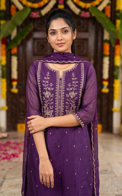 Violet Chanderi Straight Kurti Set with Zari Embroidery