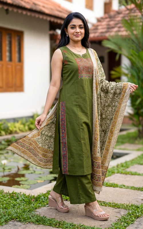 Mehandi Green Cotton Handblock Straight Cut Kurti Set with Mirror Embroidery
