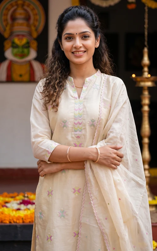 Ivory Chanderi Thread Embroidered Straight-Cut Kurti Set