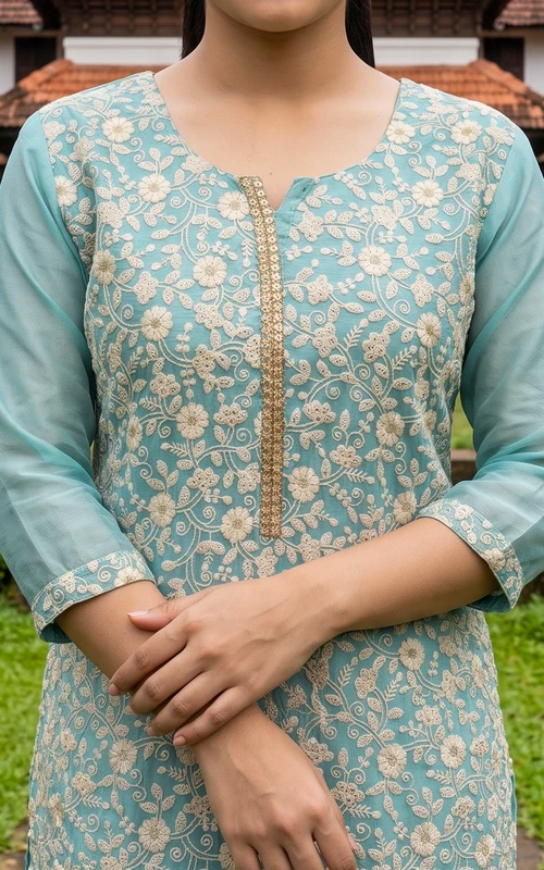 Blue Chanderi Straight Cut Kurti Set with Thread Embroidery