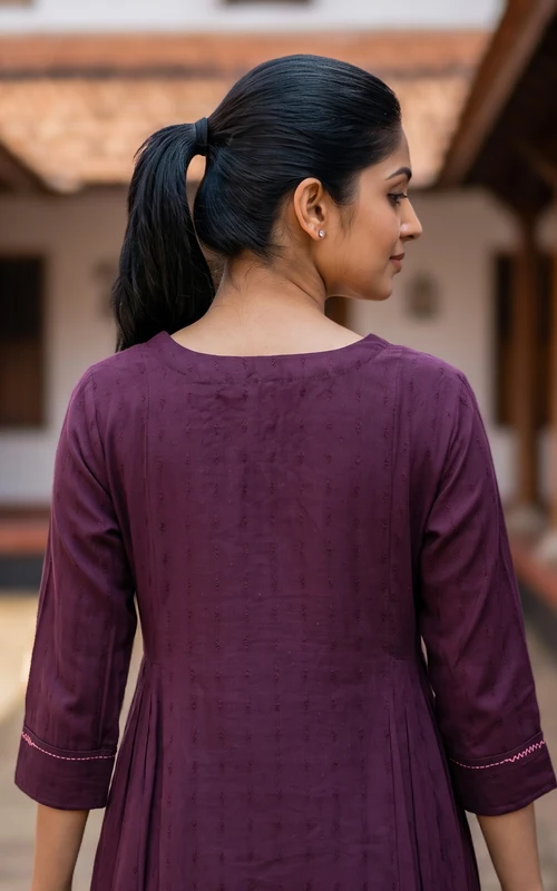 Plum Art Silk Anarkali Kurti with Pintuck Detailing
