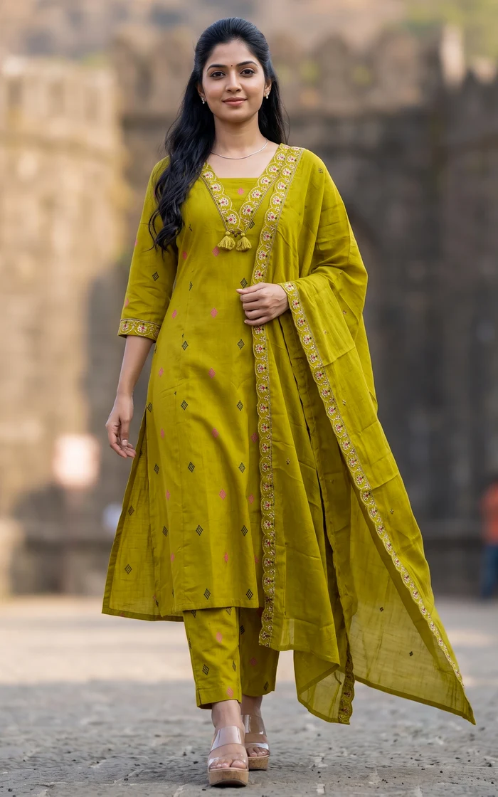 Amaranthi Mehandi Green Embroidered A-Line Kurti Set