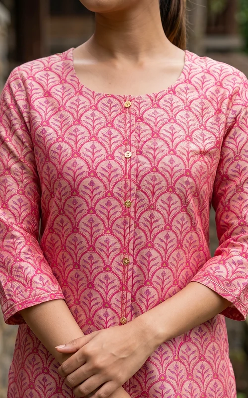 Peach Silk Cotton Straight Cut Kurti