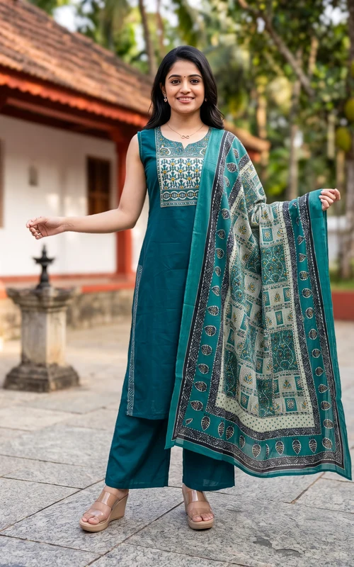 Peacock Blue Handblock Cotton Kurti Set
