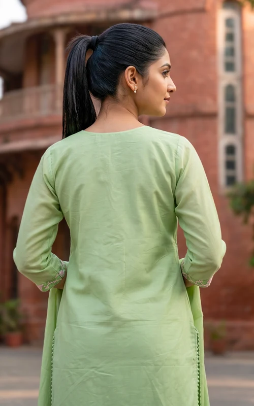 Pista Green Chanderi Kurti Set with Thread & Bead Embroidery