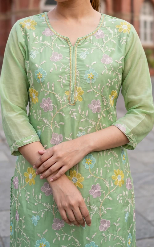 Pista Green Chanderi Kurti Set with Thread & Bead Embroidery