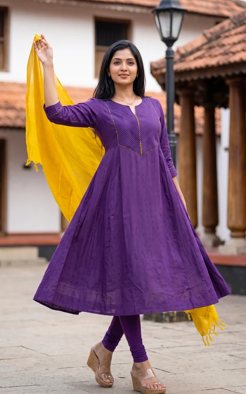 Violet & Mustard Yellow Art Silk Anarkali Kurti with Cotton Zari Border Dupatta