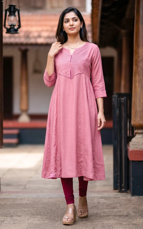 Peach Art Silk Anarkali Kurti with Pintuck Detailing