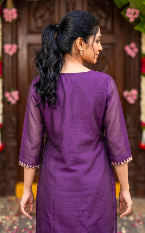 Violet Chanderi Straight Kurti Set with Zari Embroidery