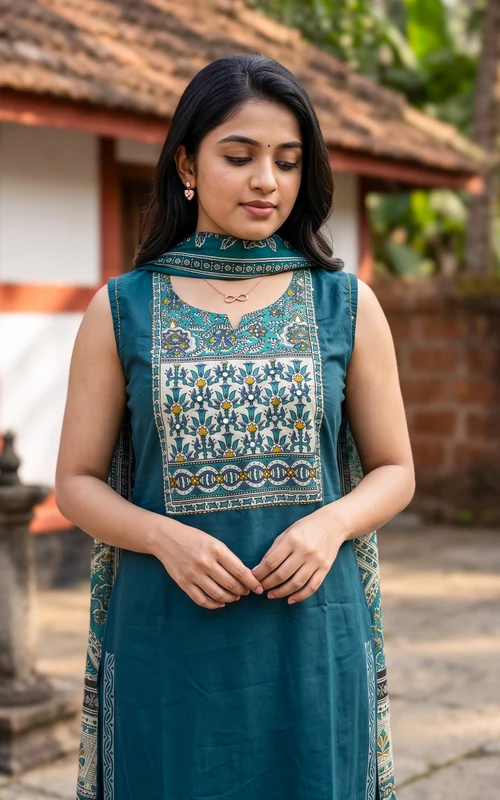 Peacock Blue Handblock Cotton Kurti Set