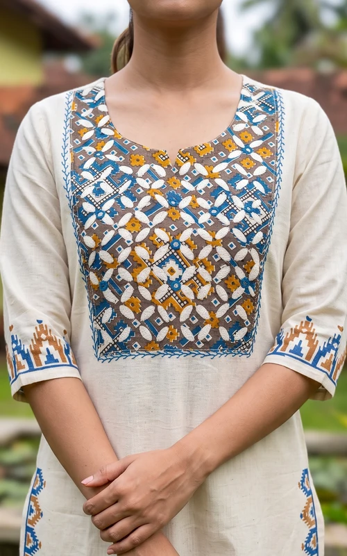 Off White & Brown Cotton Handblock Kurti Set with Thread & Mirror Embroidery
