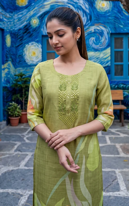 Pista Green Embroidered & Mirror Work Straight-Cut Kurti Set
