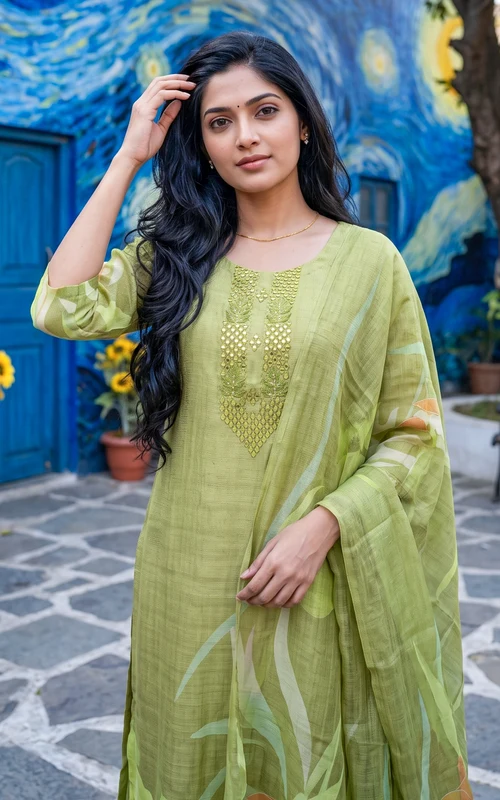 Pista Green Embroidered & Mirror Work Straight-Cut Kurti Set