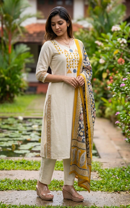 Off White & Mustard Handblock Cotton Kurti Set