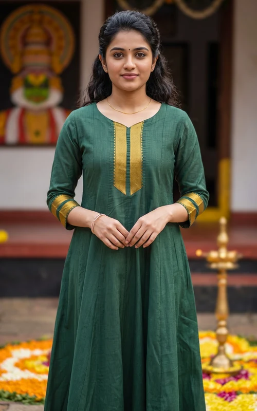 Green Blended South Cotton Full Flared Anarkali Kurti
