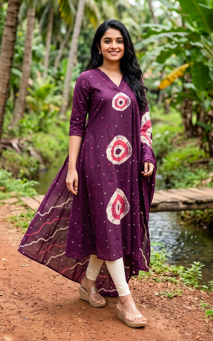 Purple Thread & Mirror Work Semi-Aline Kurti Set