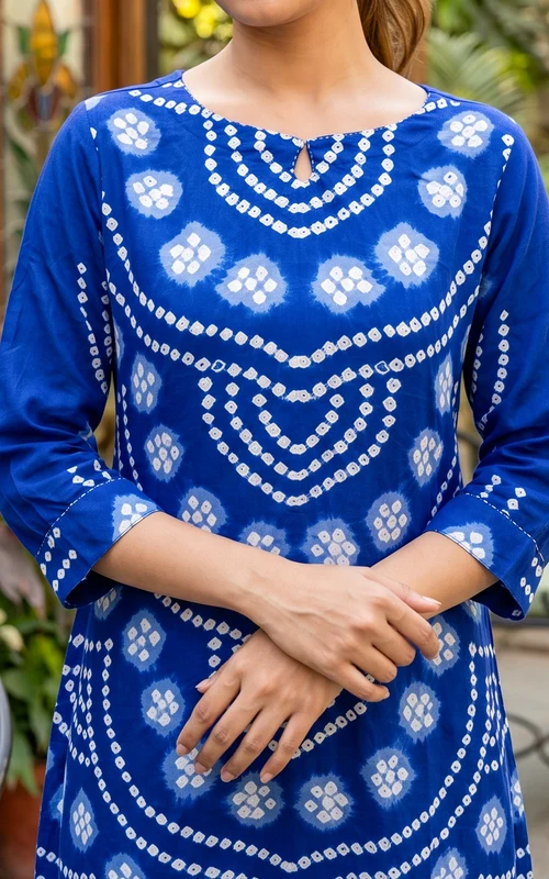 Royal Blue Bandhani Cotton Kurti Set