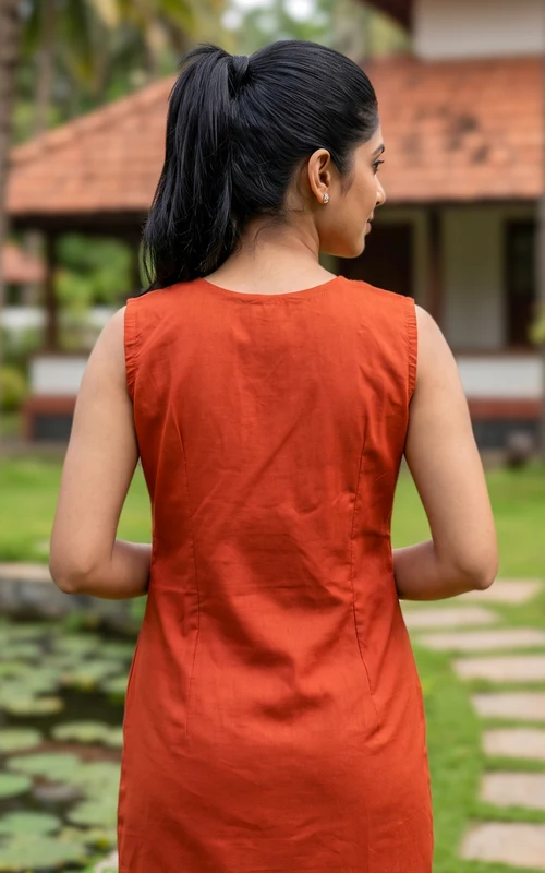 Rust Cotton Handblock Straight Cut Kurti Set with Thread & Mirror Embroidery