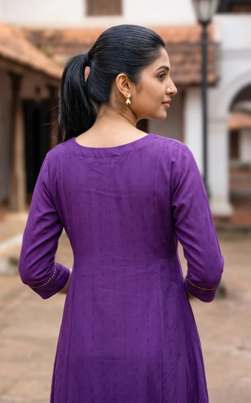 Violet & Mustard Yellow Art Silk Anarkali Kurti with Cotton Zari Border Dupatta