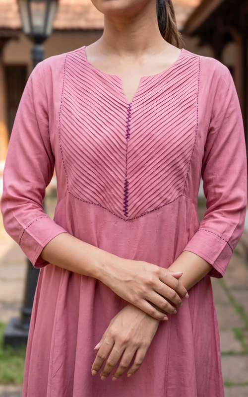Peach Art Silk Anarkali Kurti with Pintuck Detailing