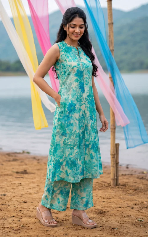 Aqua Blue A-Line Kurti with Mandarin Collar & Palazzo Set