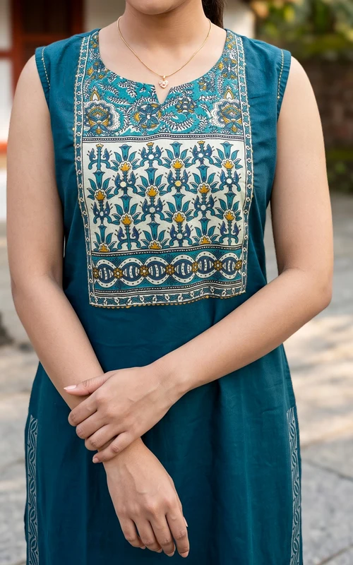 Peacock Blue Handblock Cotton Kurti Set