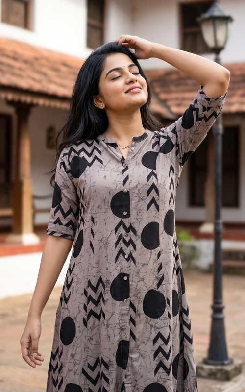 Beige Cotton Handblock Kurti Set with Mirror Embroidery