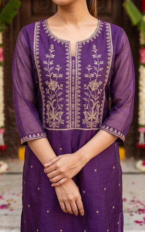 Violet Chanderi Straight Kurti Set with Zari Embroidery