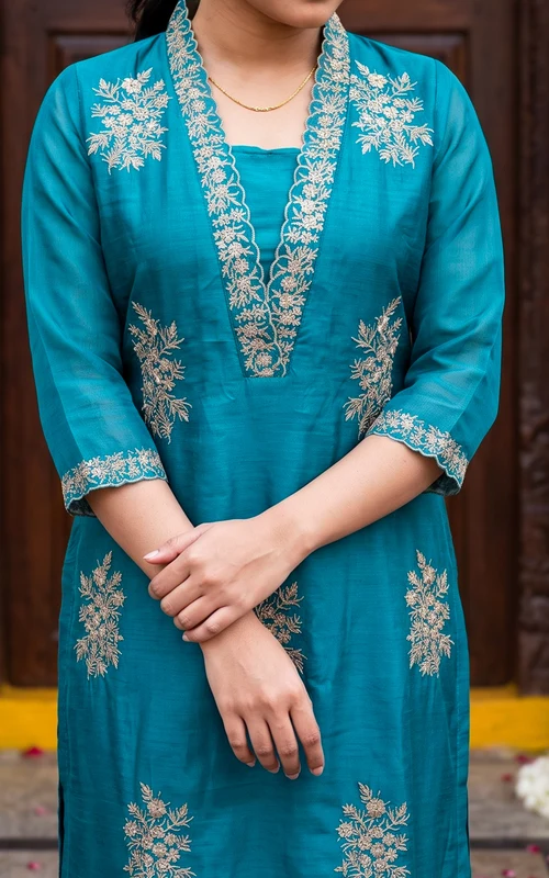 Blue Teal Chanderi Zari Embroidered Straight-Cut Kurti Set