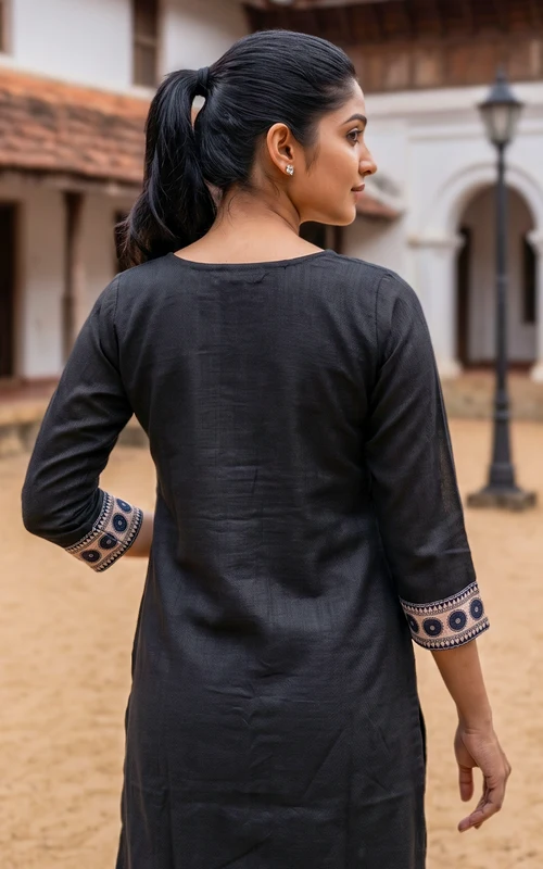 Black Art Silk Blend Straight Cut Kurti Set with Thread Embroidery, Pant & Dupatta