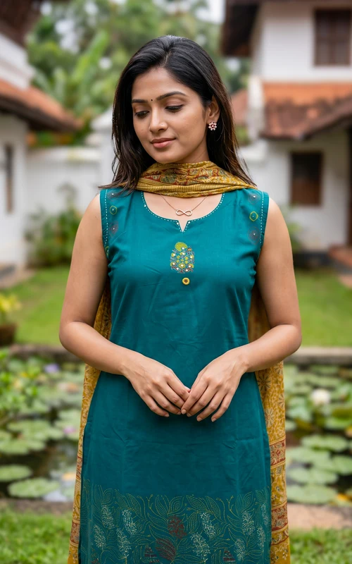 Teal Green Cotton Handblock Semi Aline Kurti Set with Straight Fit Pant & Dupatta