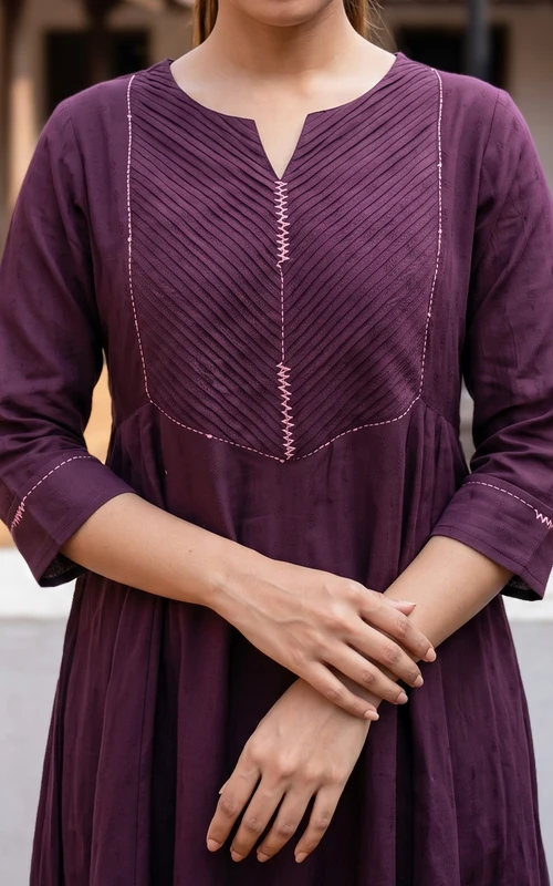 Plum Art Silk Anarkali Kurti with Pintuck Detailing
